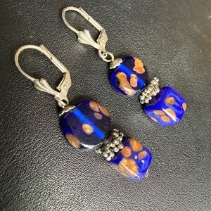 Murano Glass Blue and Gold Artistic Earrings